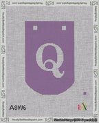 A taped needlepoint canvas with the design: Banner 18 mesh count Curved Q White on Purple.