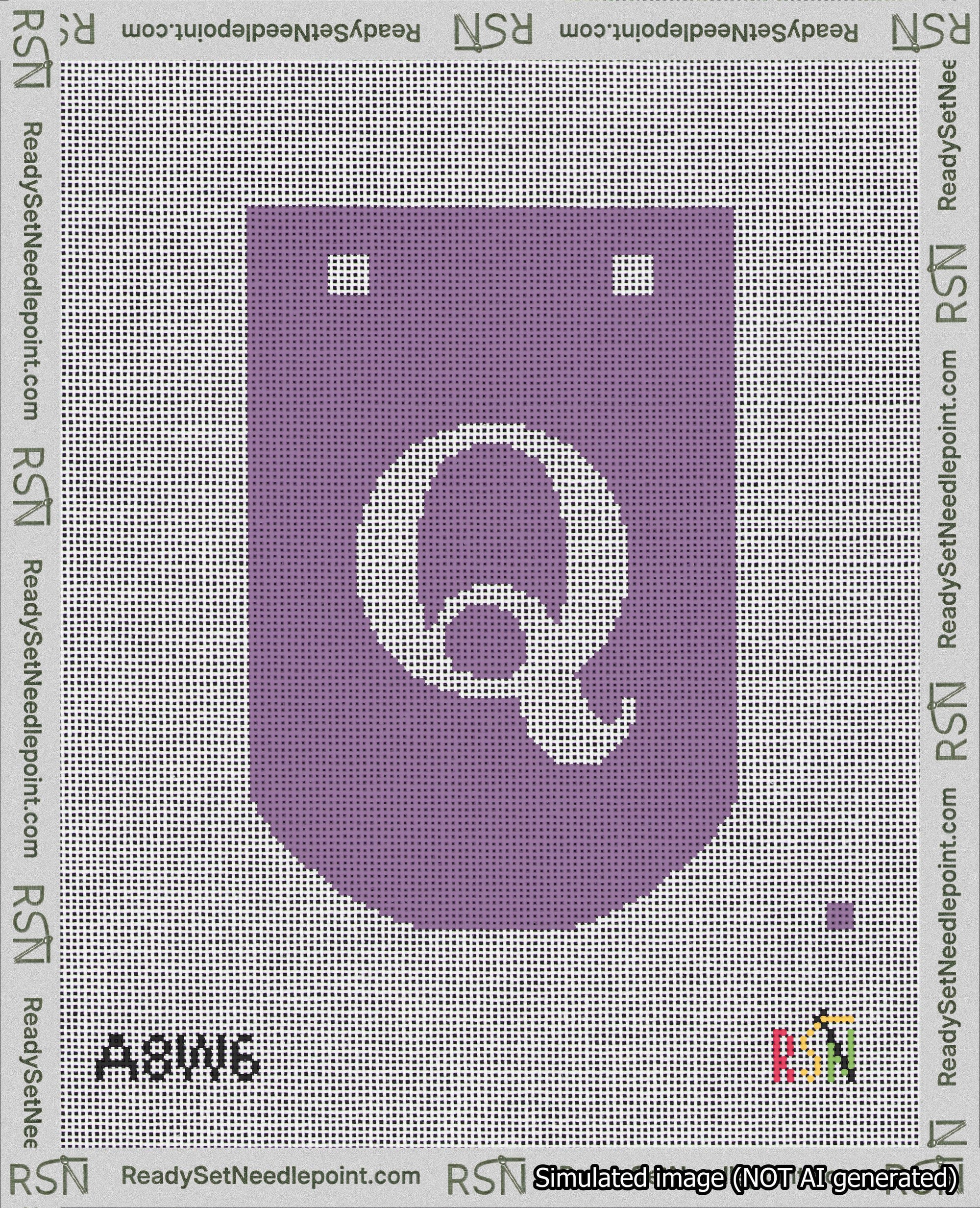 A taped needlepoint canvas with the design: Banner 18 mesh count Curved Q White on Purple.