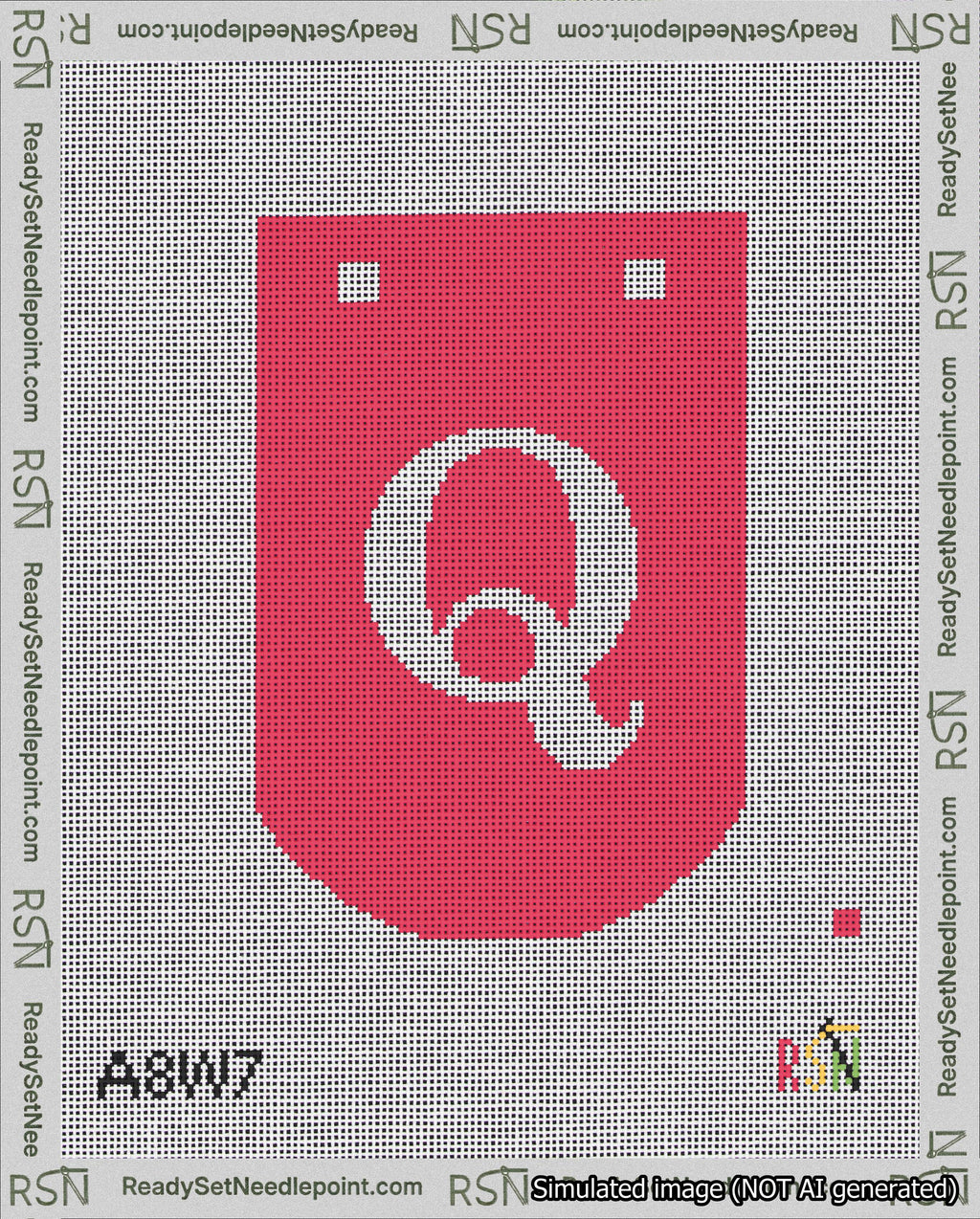 A taped needlepoint canvas with the design: Banner 18 mesh count Curved Q White on Red.