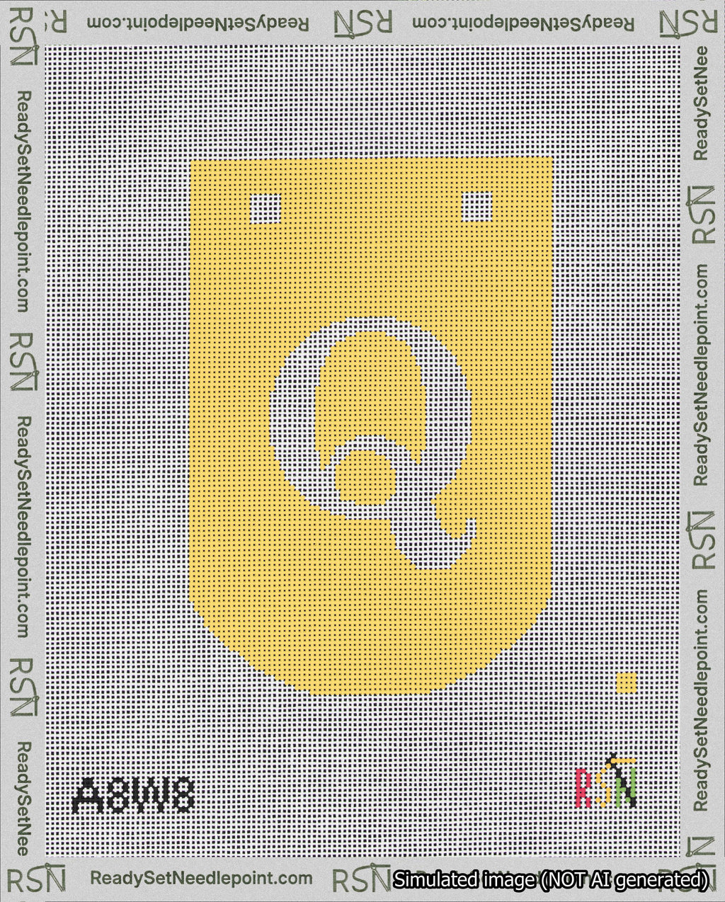 A taped needlepoint canvas with the design: Banner 18 mesh count Curved Q White on Yellow.