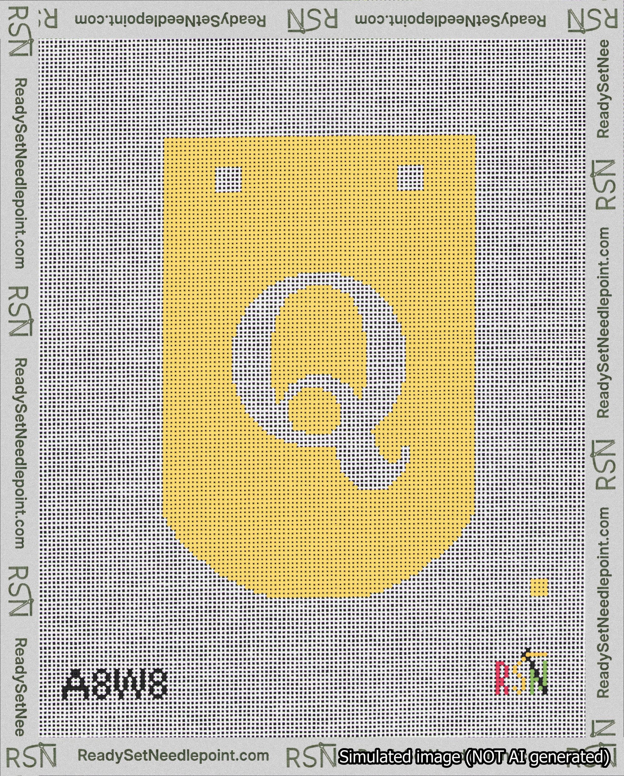 A taped needlepoint canvas with the design: Banner 18 mesh count Curved Q White on Yellow.
