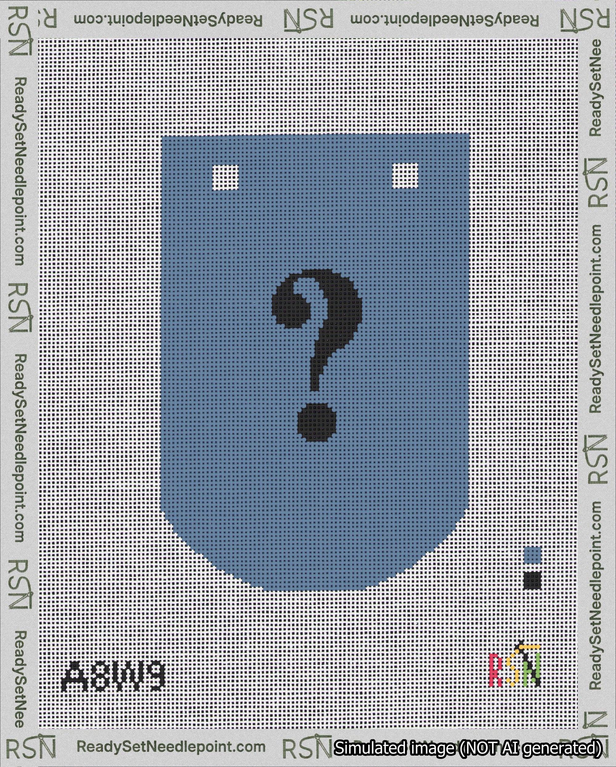 A taped needlepoint canvas with the design: Banner 18 mesh count Curved Question Black on Blue.