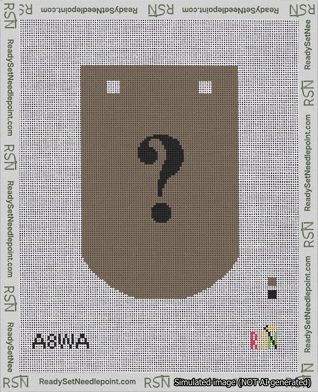 A taped needlepoint canvas with the design: Banner 18 mesh count Curved Question Black on Brown.