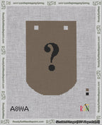 A taped needlepoint canvas with the design: Banner 18 mesh count Curved Question Black on Brown.