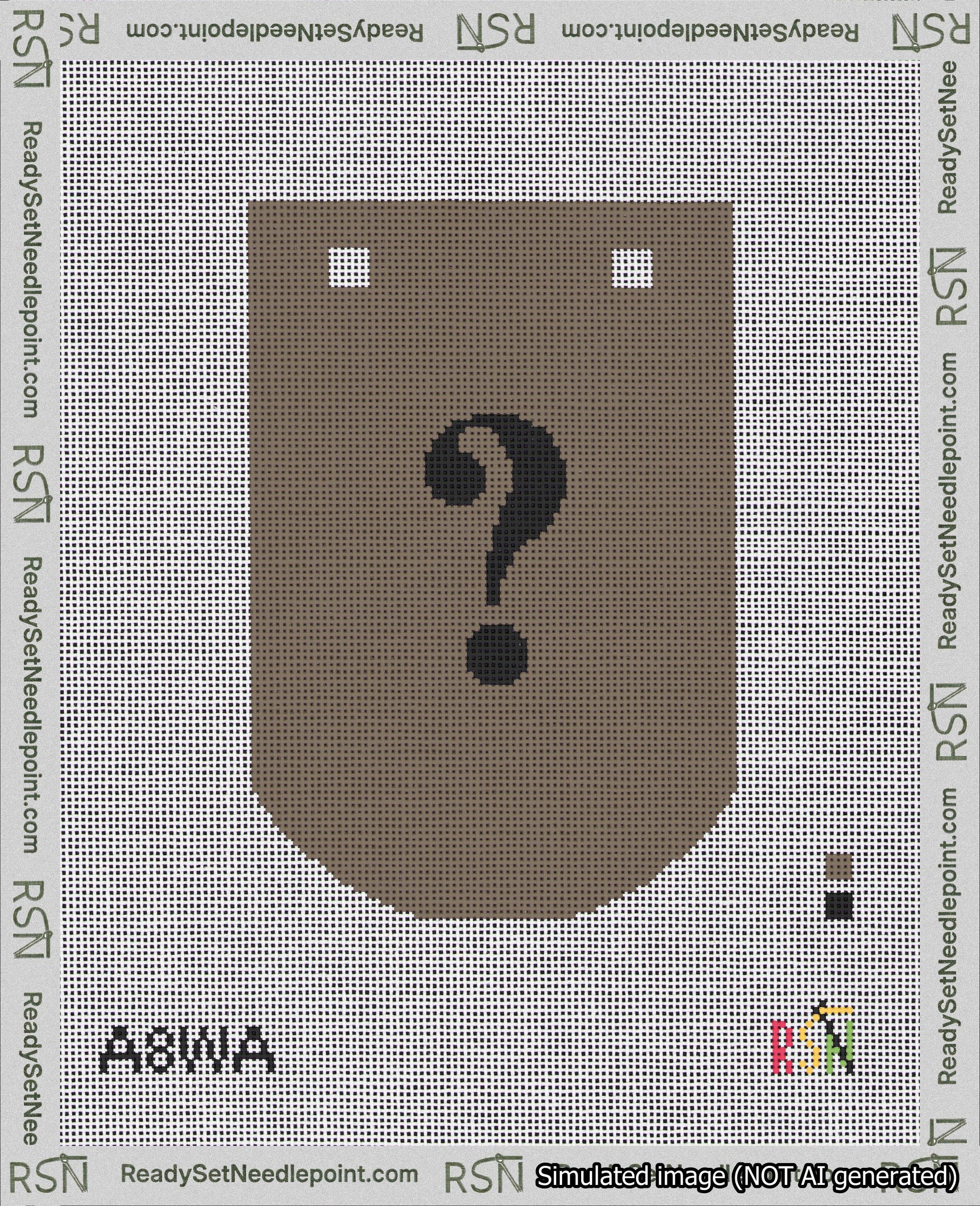 A taped needlepoint canvas with the design: Banner 18 mesh count Curved Question Black on Brown.