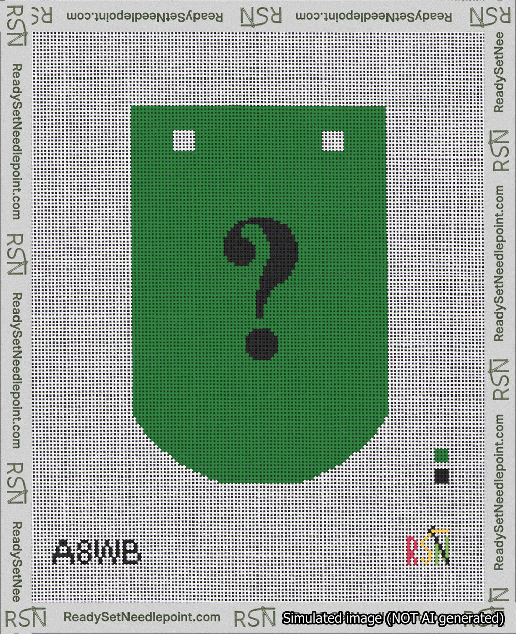 A taped needlepoint canvas with the design: Banner 18 mesh count Curved Question Black on Green.
