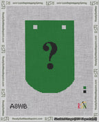 A taped needlepoint canvas with the design: Banner 18 mesh count Curved Question Black on Green.