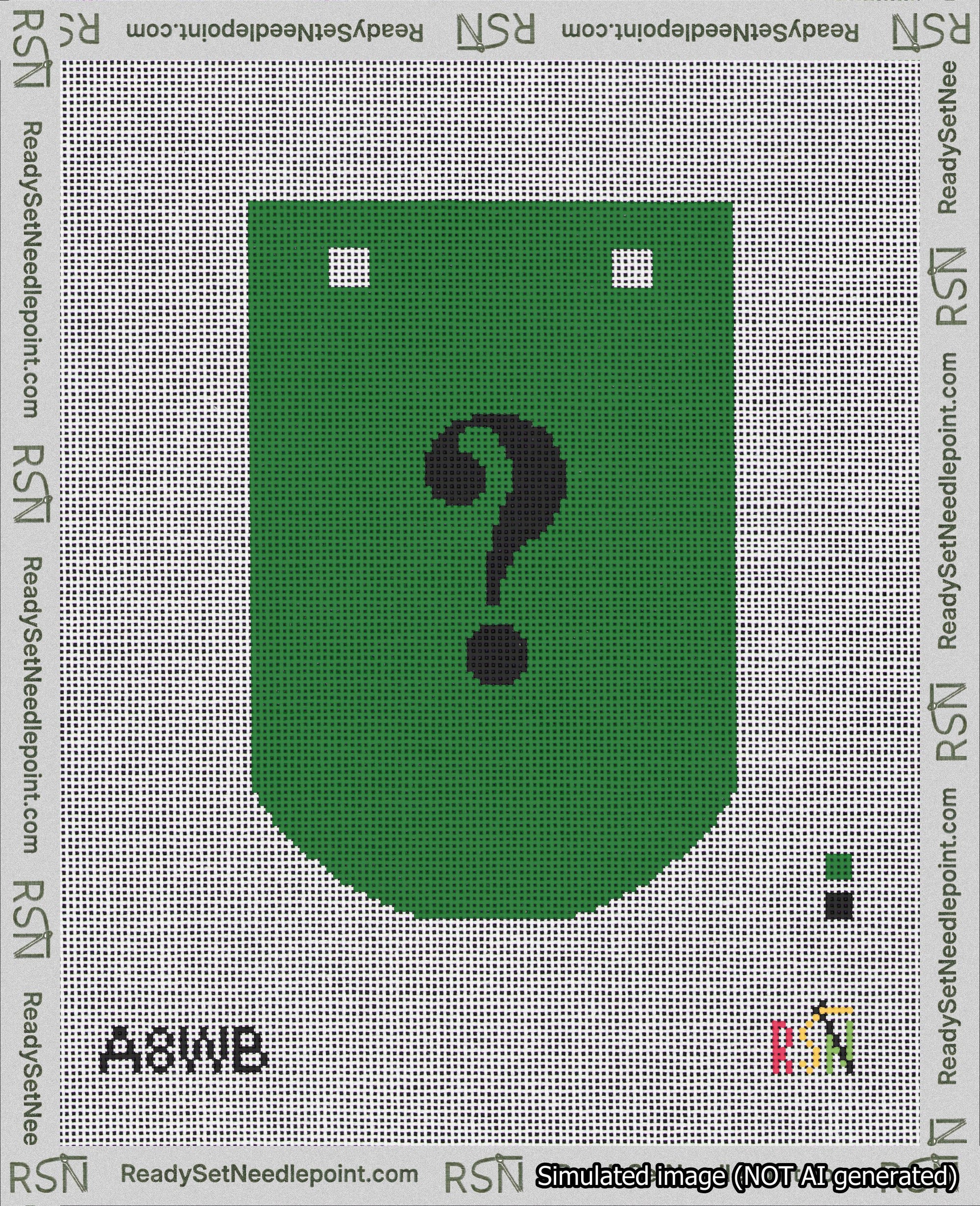 A taped needlepoint canvas with the design: Banner 18 mesh count Curved Question Black on Green.