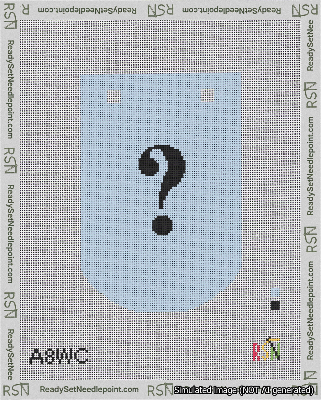 A taped needlepoint canvas with the design: Banner 18 mesh count Curved Question Black on Light Blue.
