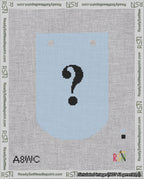 A taped needlepoint canvas with the design: Banner 18 mesh count Curved Question Black on Light Blue.