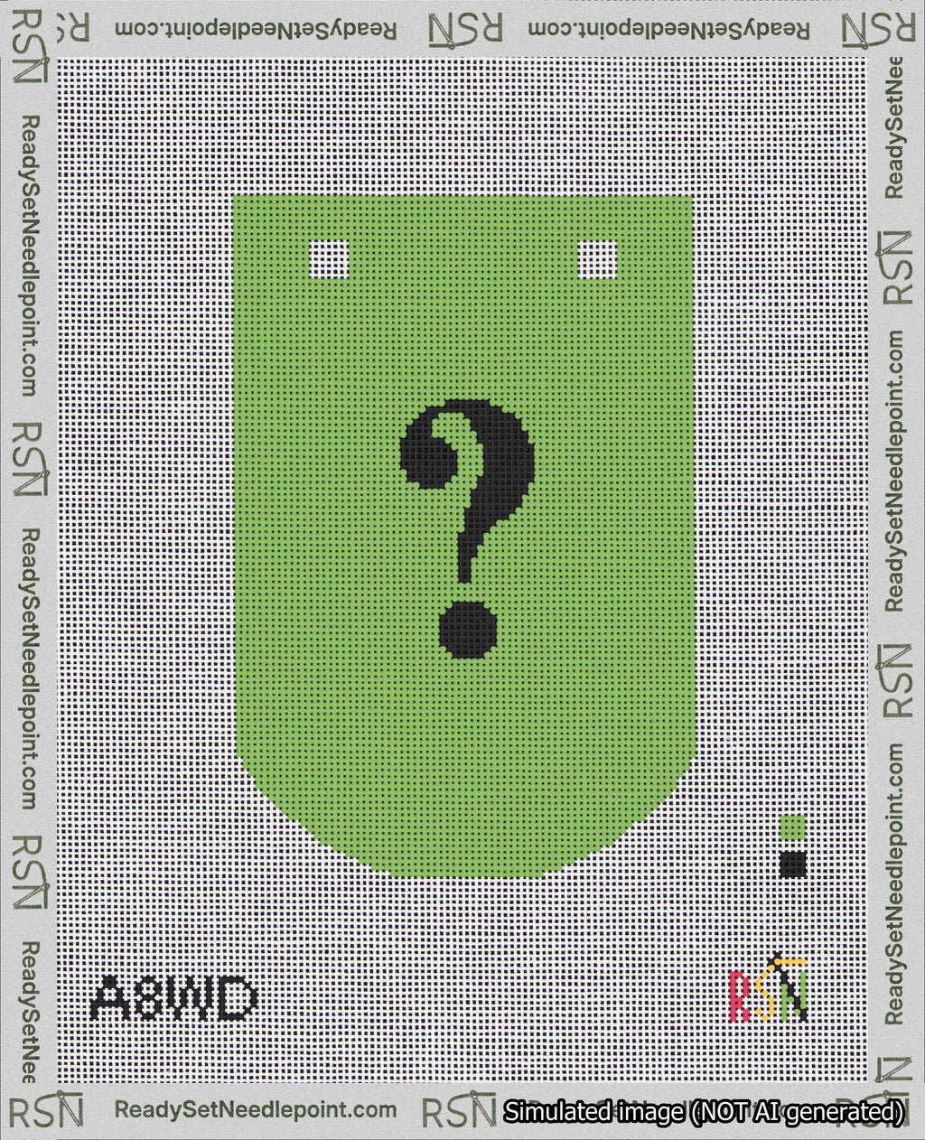 A taped needlepoint canvas with the design: Banner 18 mesh count Curved Question Black on Light Green.