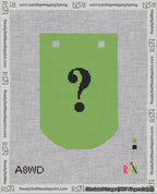 A taped needlepoint canvas with the design: Banner 18 mesh count Curved Question Black on Light Green.