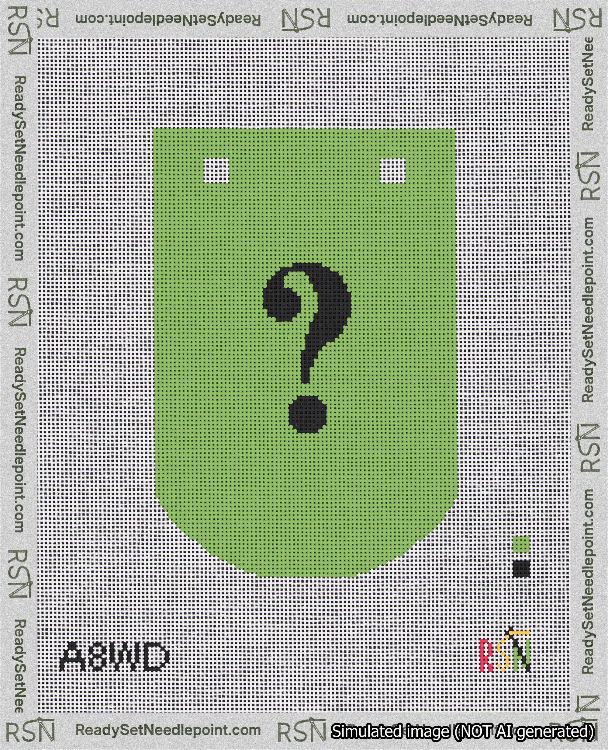 A taped needlepoint canvas with the design: Banner 18 mesh count Curved Question Black on Light Green.