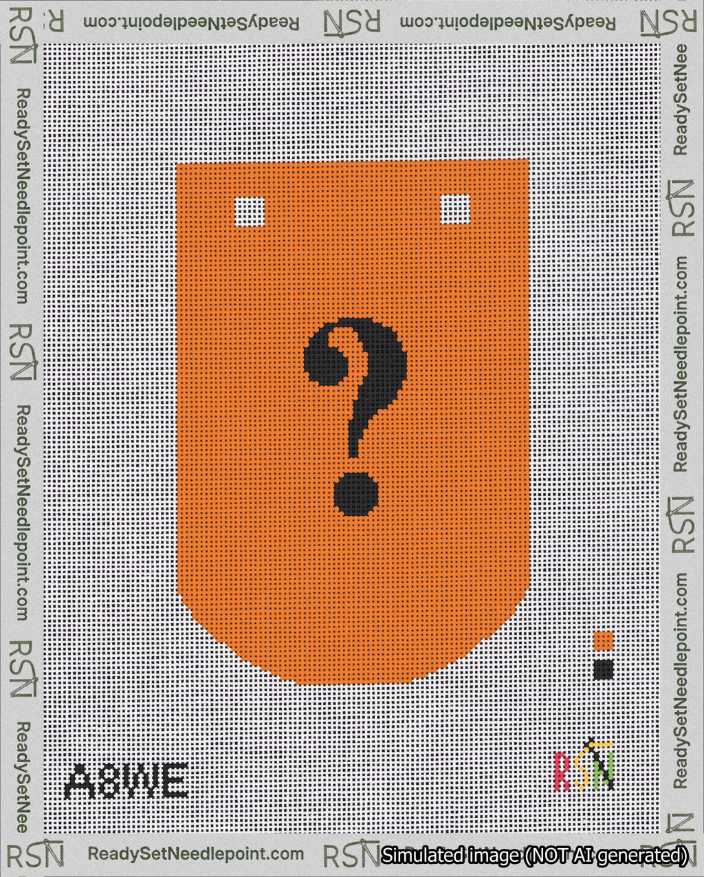 A taped needlepoint canvas with the design: Banner 18 mesh count Curved Question Black on Orange.