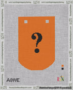A taped needlepoint canvas with the design: Banner 18 mesh count Curved Question Black on Orange.