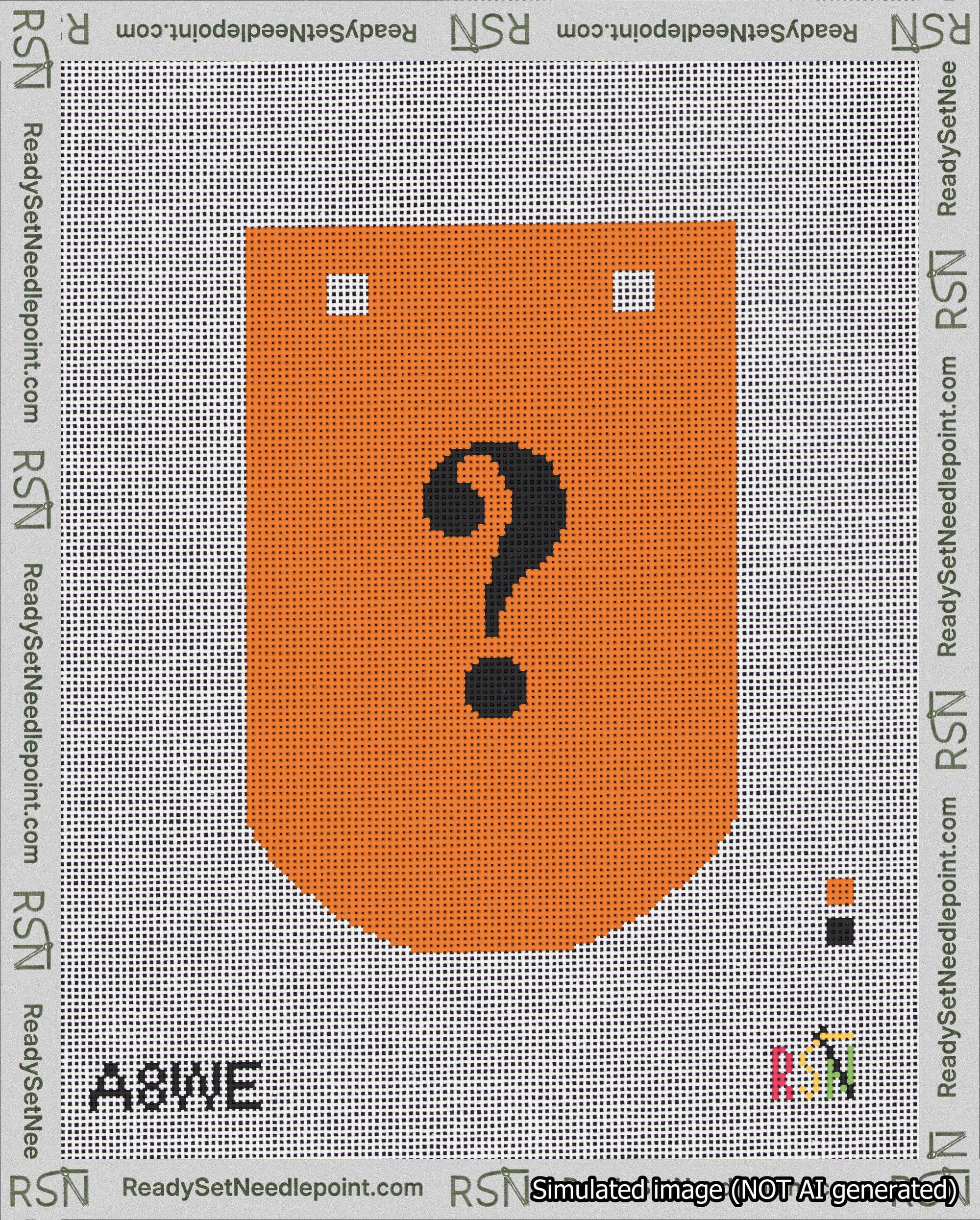 A taped needlepoint canvas with the design: Banner 18 mesh count Curved Question Black on Orange.