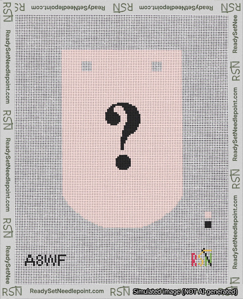 A taped needlepoint canvas with the design: Banner 18 mesh count Curved Question Black on Pink.