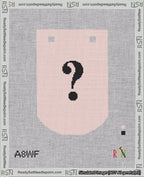 A taped needlepoint canvas with the design: Banner 18 mesh count Curved Question Black on Pink.