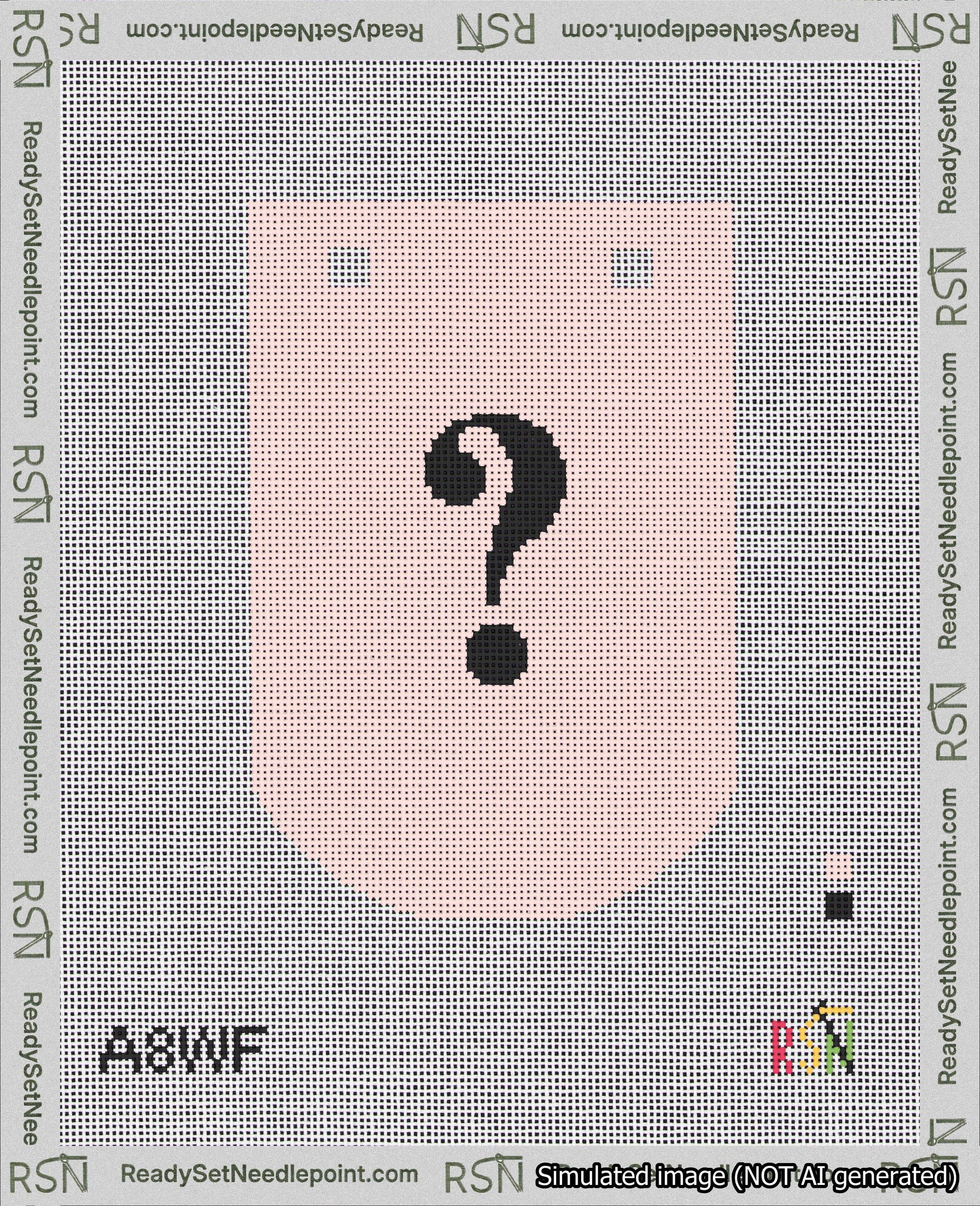 A taped needlepoint canvas with the design: Banner 18 mesh count Curved Question Black on Pink.