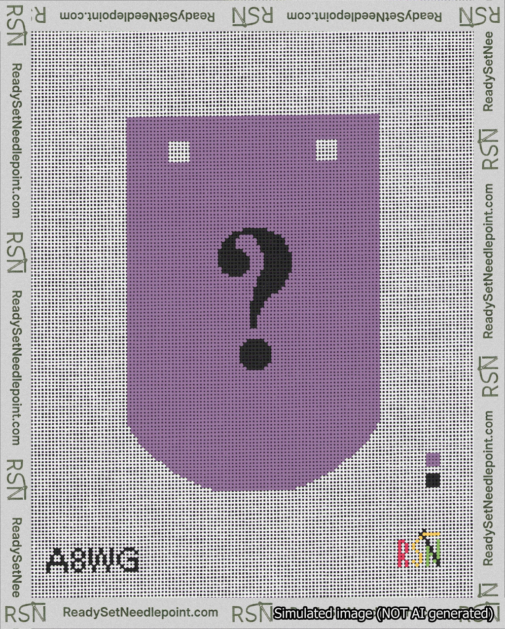 A taped needlepoint canvas with the design: Banner 18 mesh count Curved Question Black on Purple.