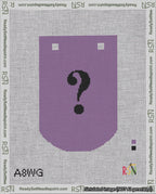 A taped needlepoint canvas with the design: Banner 18 mesh count Curved Question Black on Purple.