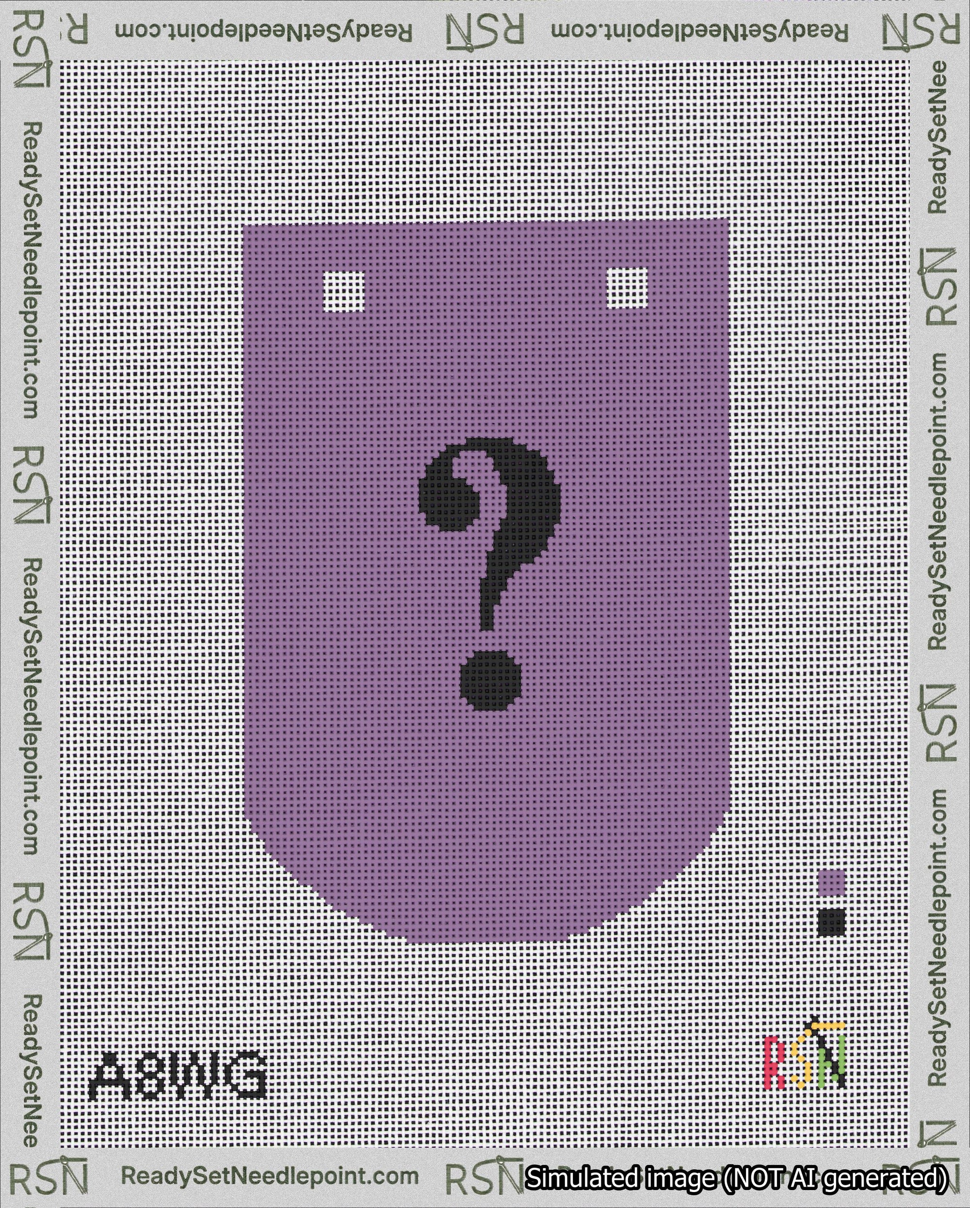 A taped needlepoint canvas with the design: Banner 18 mesh count Curved Question Black on Purple.