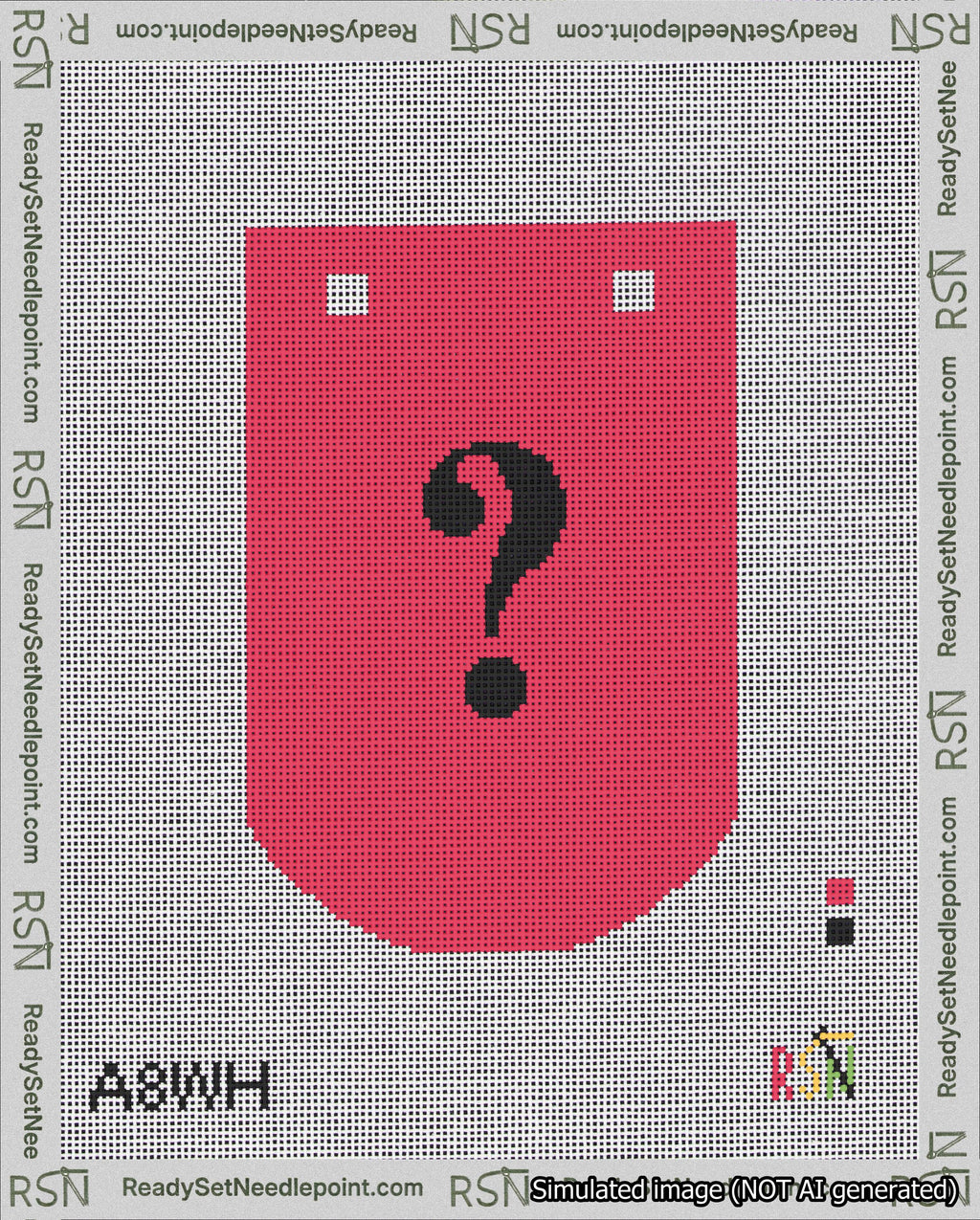 A taped needlepoint canvas with the design: Banner 18 mesh count Curved Question Black on Red.