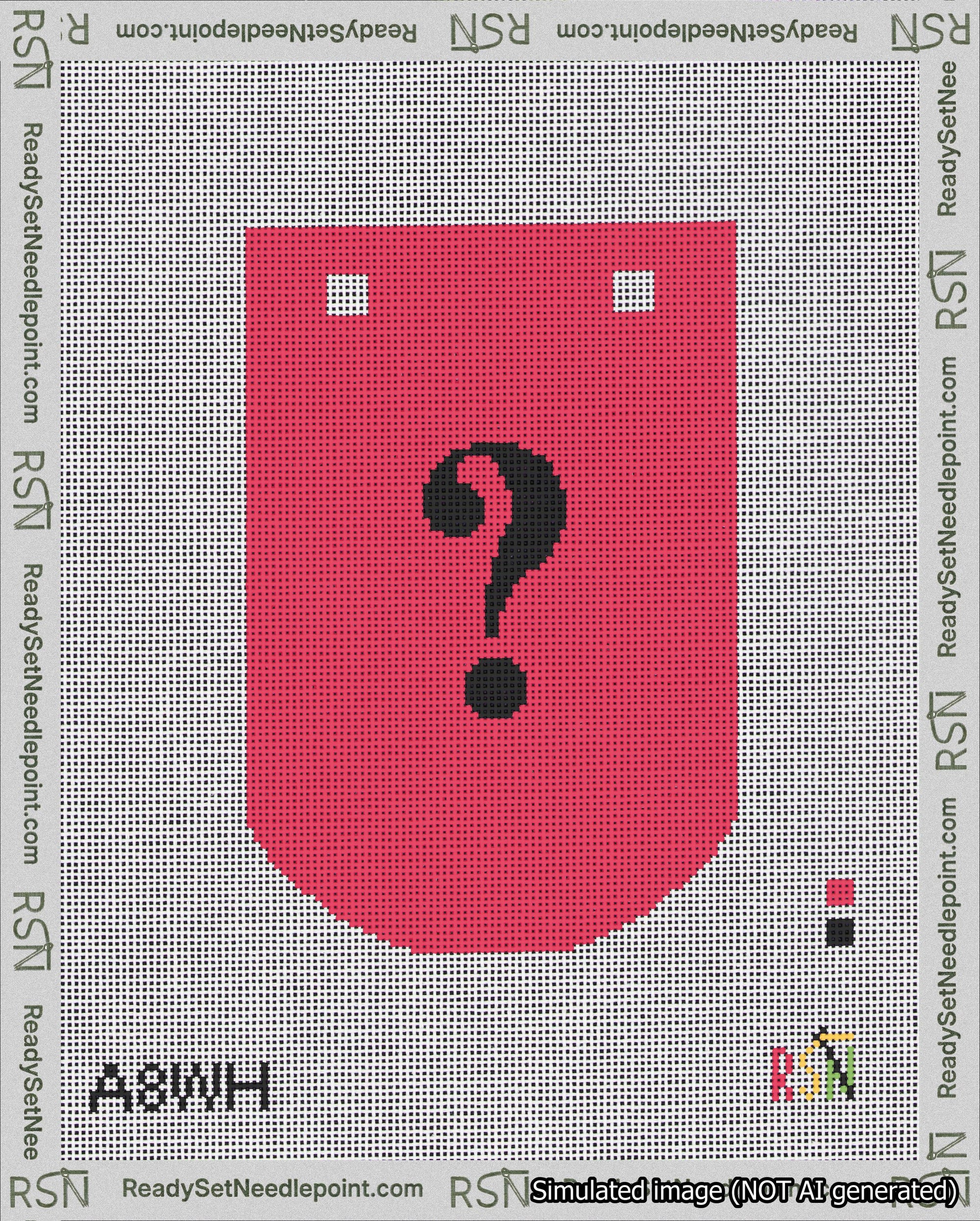 A taped needlepoint canvas with the design: Banner 18 mesh count Curved Question Black on Red.