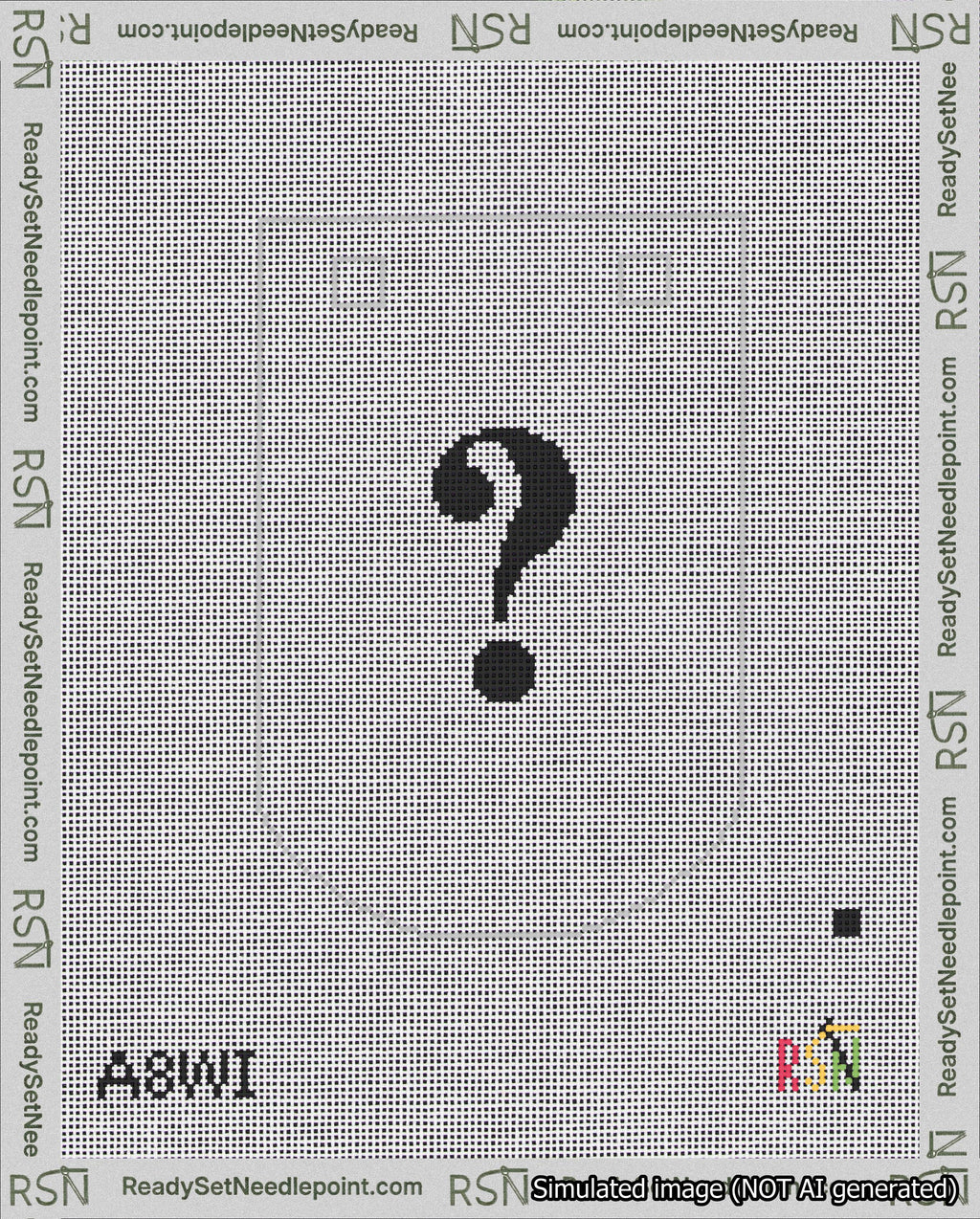 A taped needlepoint canvas with the design: Banner 18 mesh count Curved Question Black on White.