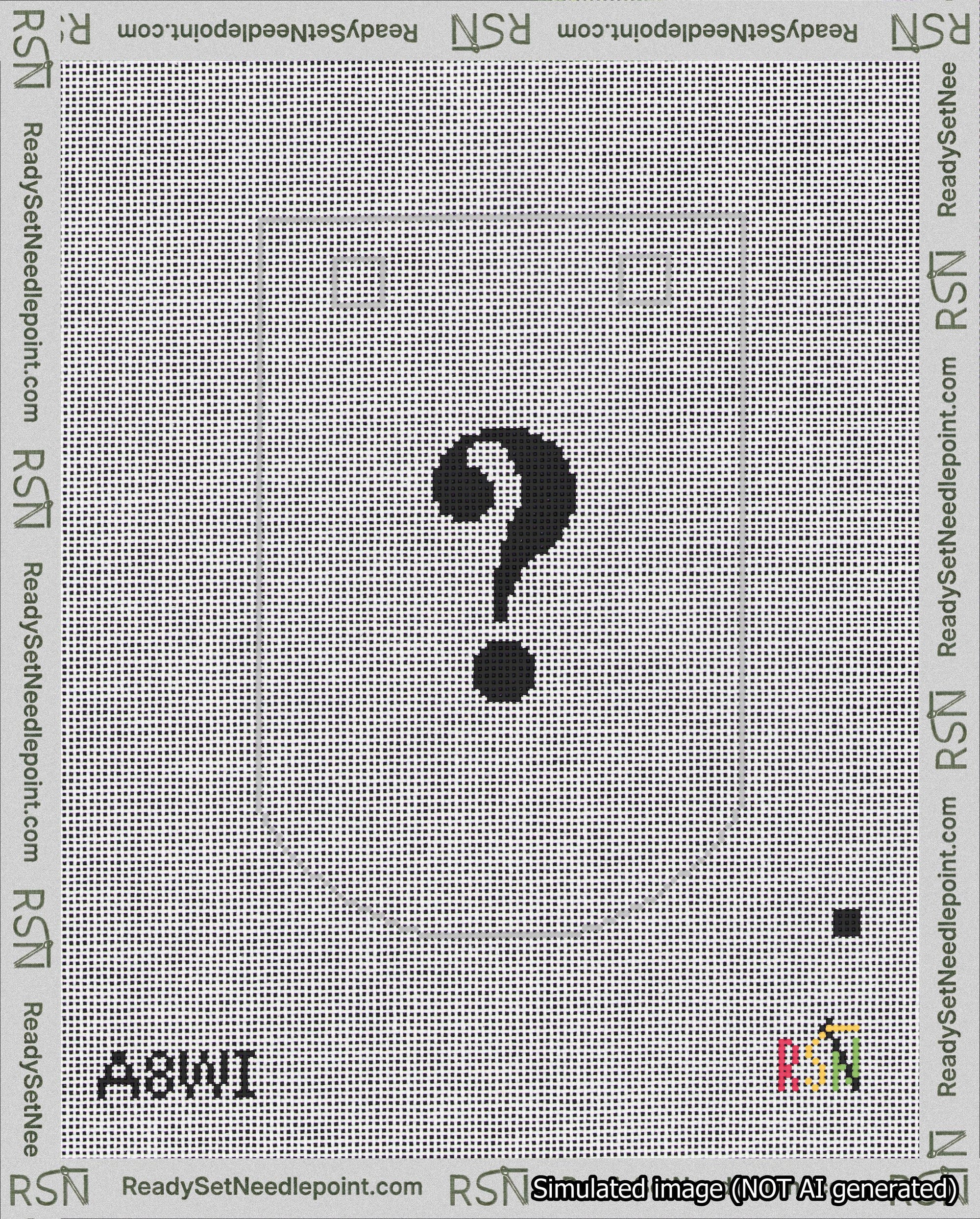 A taped needlepoint canvas with the design: Banner 18 mesh count Curved Question Black on White.