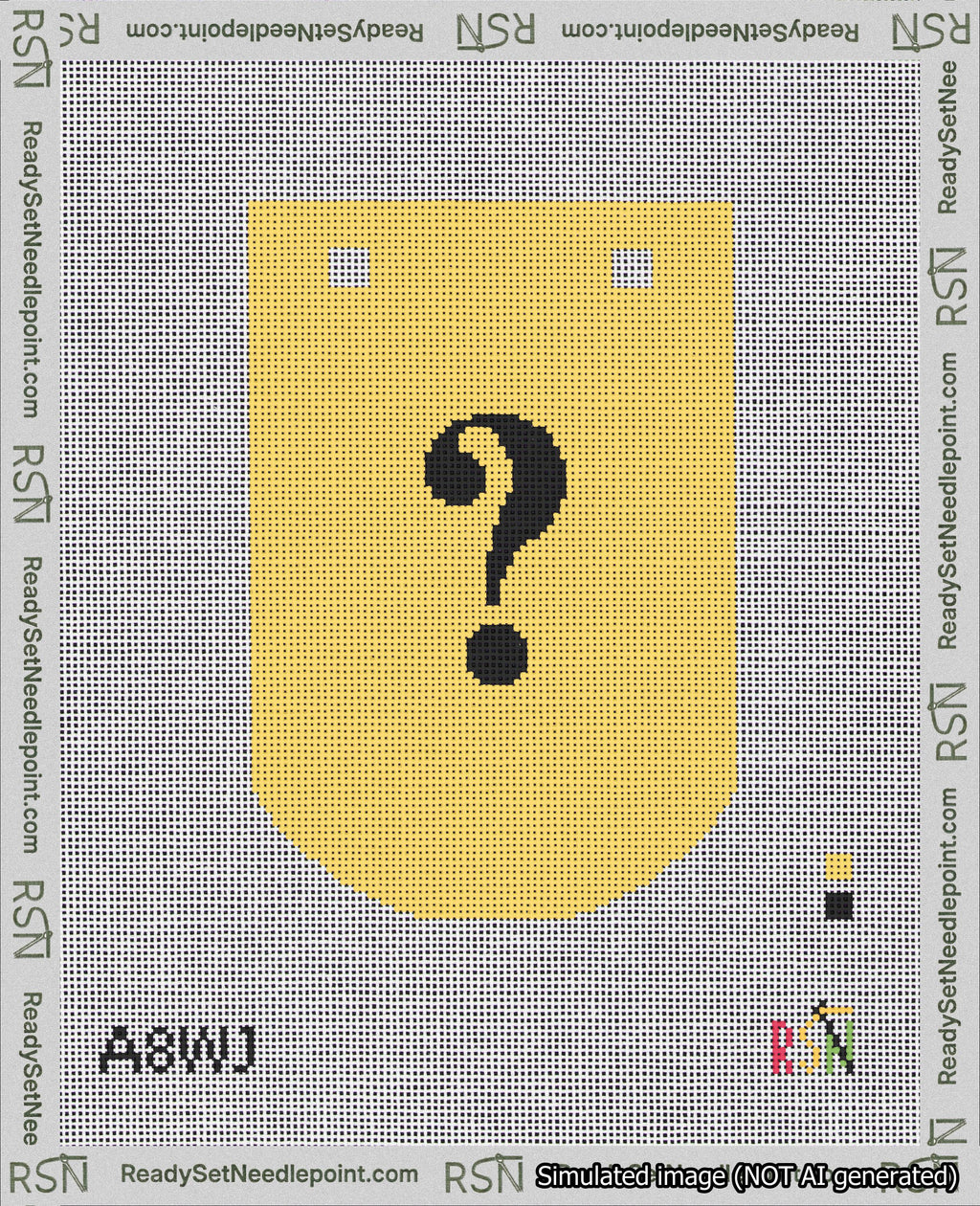 A taped needlepoint canvas with the design: Banner 18 mesh count Curved Question Black on Yellow.