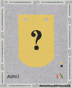 A taped needlepoint canvas with the design: Banner 18 mesh count Curved Question Black on Yellow.