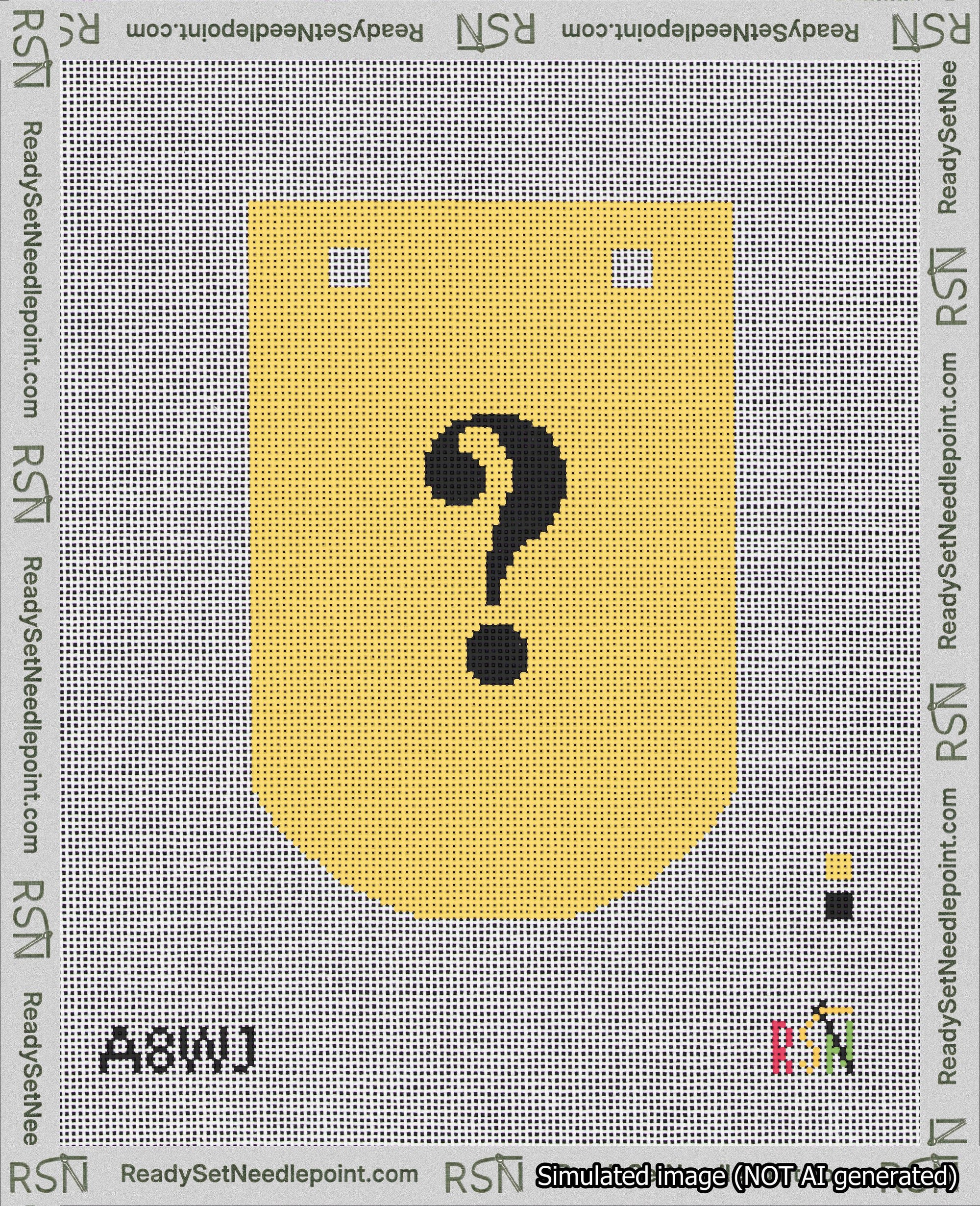 A taped needlepoint canvas with the design: Banner 18 mesh count Curved Question Black on Yellow.