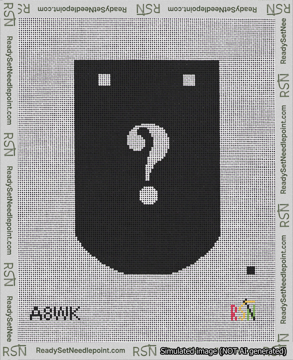 A taped needlepoint canvas with the design: Banner 18 mesh count Curved Question White on Black.