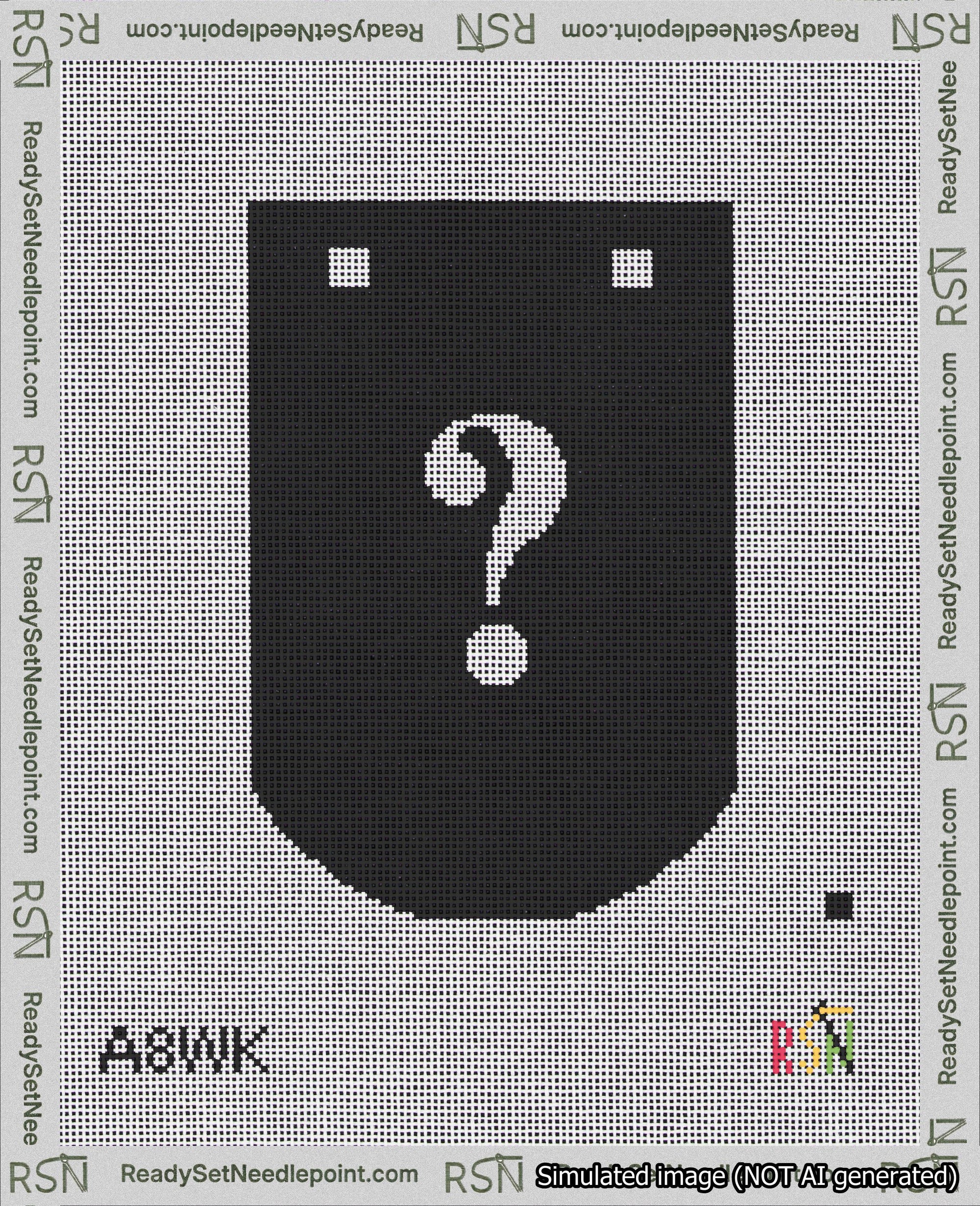 A taped needlepoint canvas with the design: Banner 18 mesh count Curved Question White on Black.