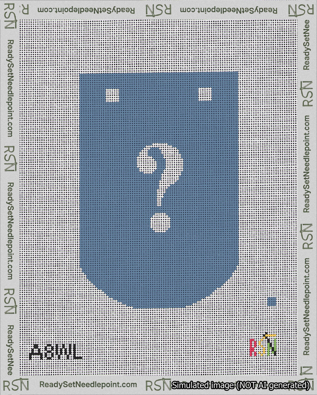 A taped needlepoint canvas with the design: Banner 18 mesh count Curved Question White on Blue.