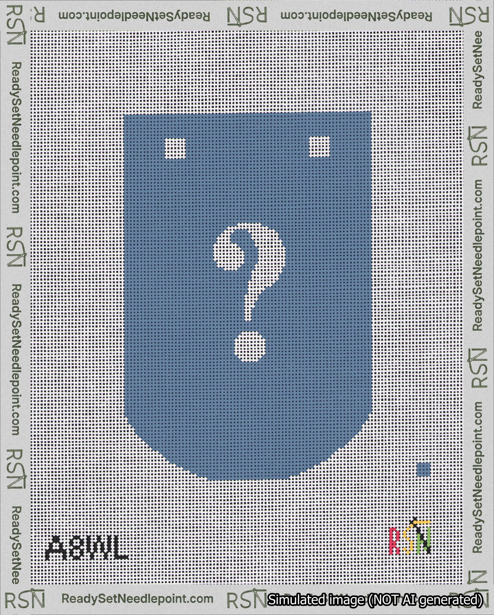 A taped needlepoint canvas with the design: Banner 18 mesh count Curved Question White on Blue.
