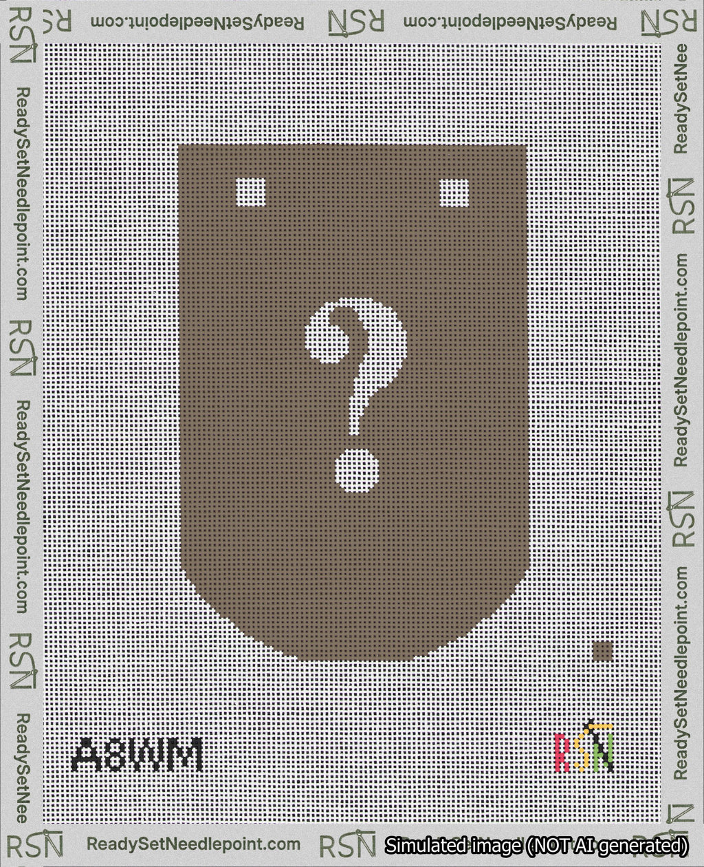 A taped needlepoint canvas with the design: Banner 18 mesh count Curved Question White on Brown.