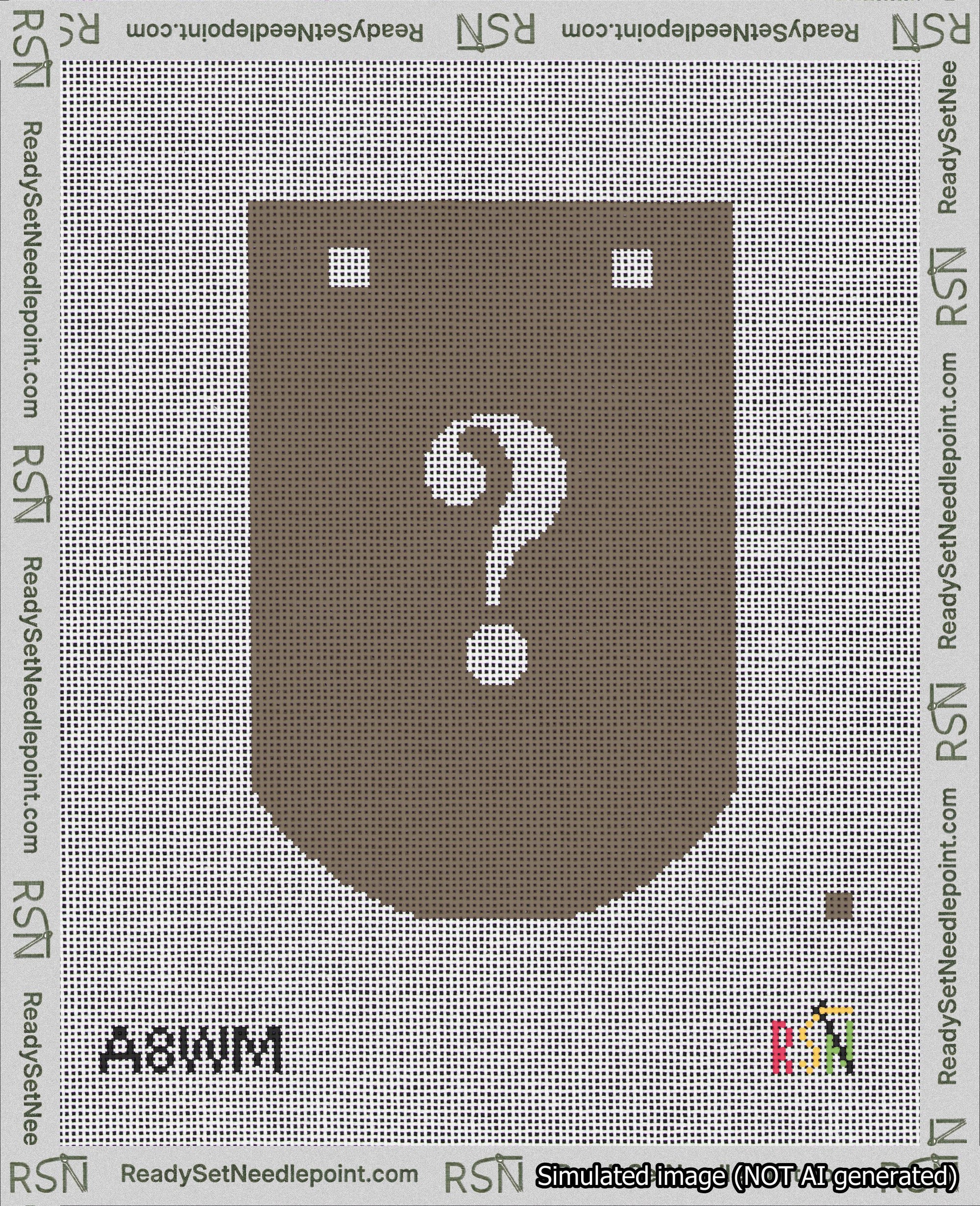 A taped needlepoint canvas with the design: Banner 18 mesh count Curved Question White on Brown.