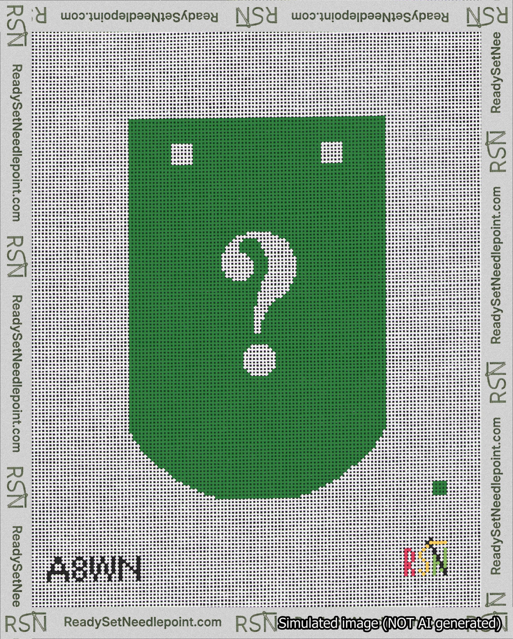A taped needlepoint canvas with the design: Banner 18 mesh count Curved Question White on Green.