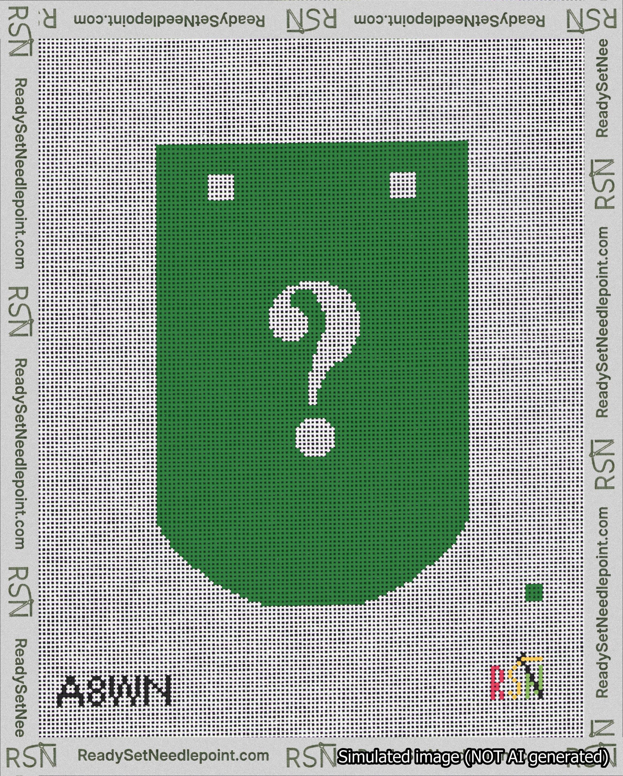 A taped needlepoint canvas with the design: Banner 18 mesh count Curved Question White on Green.