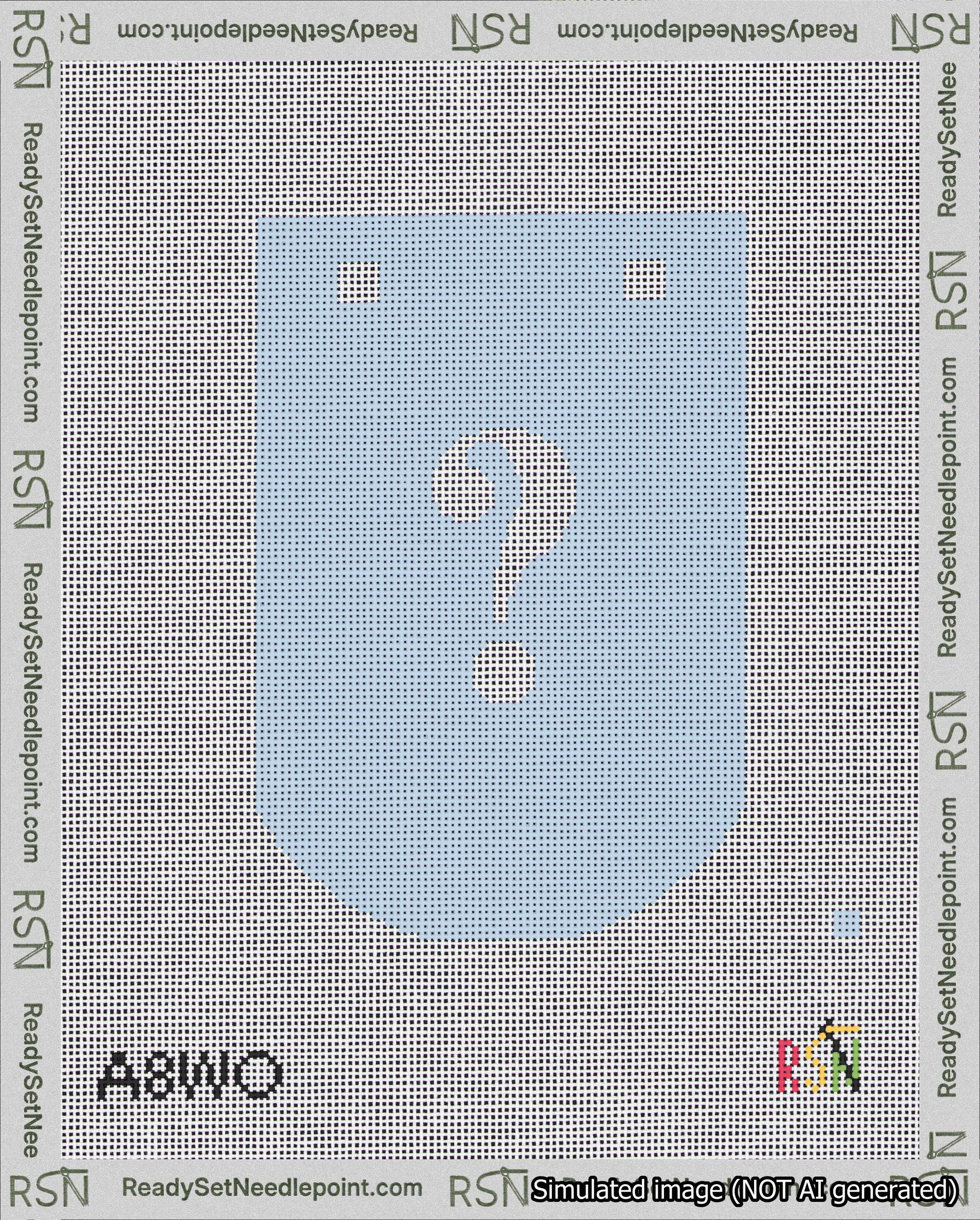 A taped needlepoint canvas with the design: Banner 18 mesh count Curved Question White on Light Blue.