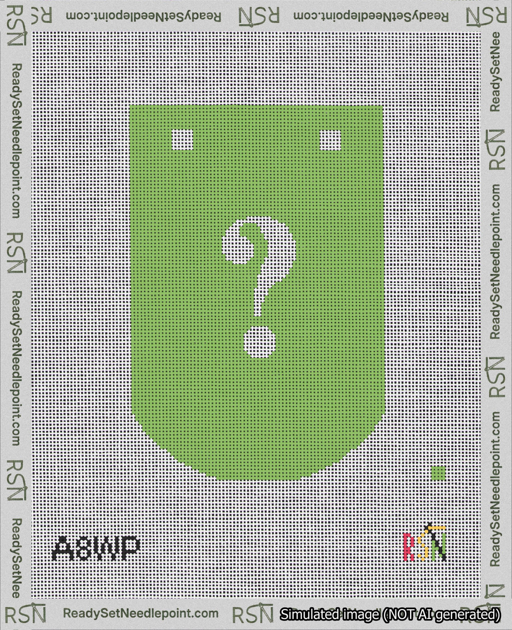 A taped needlepoint canvas with the design: Banner 18 mesh count Curved Question White on Light Green.