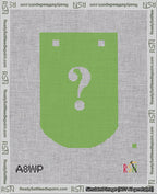 A taped needlepoint canvas with the design: Banner 18 mesh count Curved Question White on Light Green.