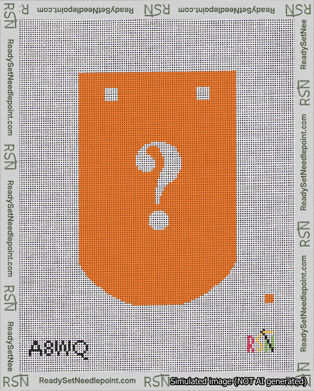 A taped needlepoint canvas with the design: Banner 18 mesh count Curved Question White on Orange.