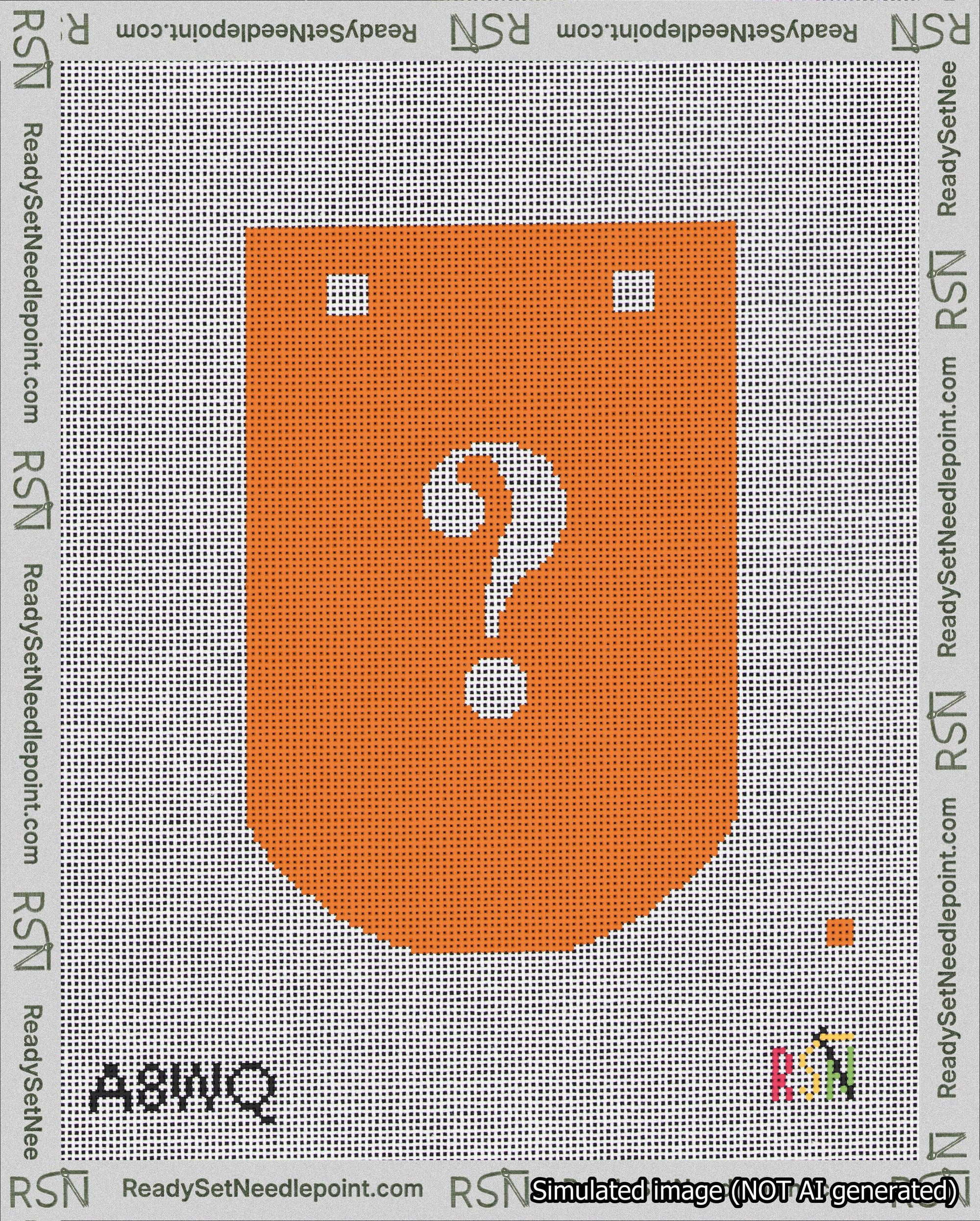A taped needlepoint canvas with the design: Banner 18 mesh count Curved Question White on Orange.