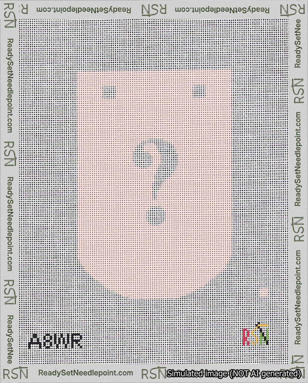 A taped needlepoint canvas with the design: Banner 18 mesh count Curved Question White on Pink.