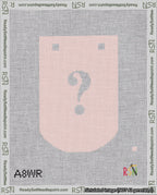 A taped needlepoint canvas with the design: Banner 18 mesh count Curved Question White on Pink.