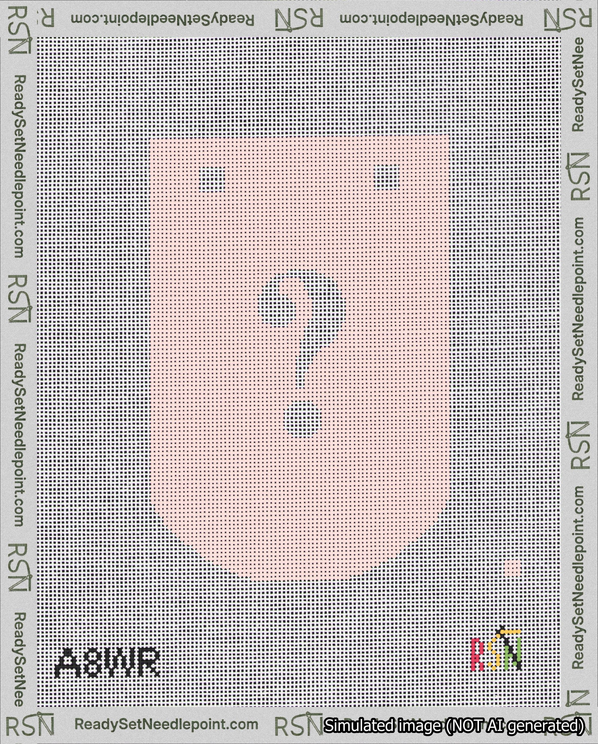 A taped needlepoint canvas with the design: Banner 18 mesh count Curved Question White on Pink.