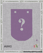 A taped needlepoint canvas with the design: Banner 18 mesh count Curved Question White on Purple.